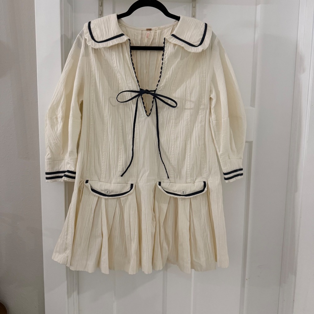 Free People Starboard Mini Dress Ivory Sailor Collar Pleated M Boho Nautical